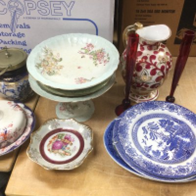A box of various ceramics including plates, comport etc. Shipping category D.