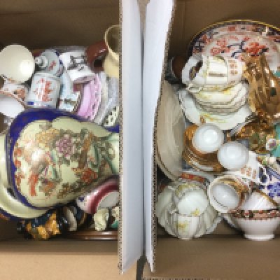 Two boxes of ceramics comprising various ribbon plates, teaware etc. Shipping category D.