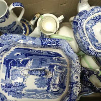A collection of ceramics including Spode jugs, large dish and figures including Staffordshire, modern oriental tea jugs etc