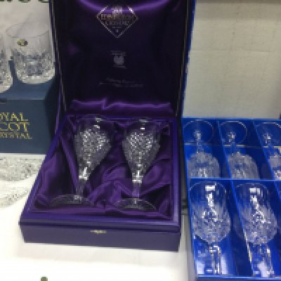A collection of crystal glasses and other glassware, some boxed, including Waterford and Edinburgh crystal examples. Shipping category D.