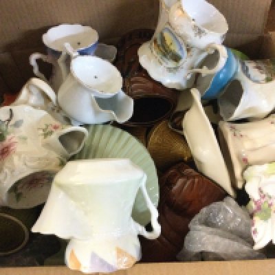 A large assortment of ceramics and vintage glass including shaving mugs etc