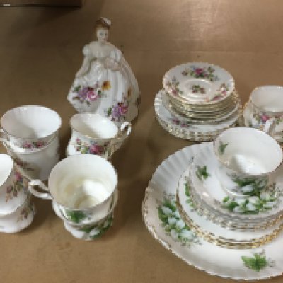 Royal Albert China saucers, cups and dishes including Trillium, Moss Rose and Poinsettia patterns. Royal Doulton figure Hn 3002 Marilyn. This lot cannot be posted