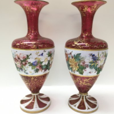 Two bohemian glass vases with gilt folate decoration, overlaid with flowers and foliage. 39cm in height