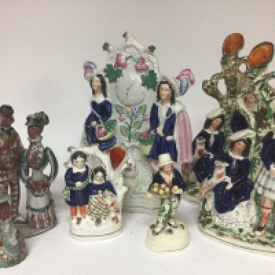 A collection of Victorian 19th Century Staffordshire figures and two contemporary ceramic figures Ashwell pottery.