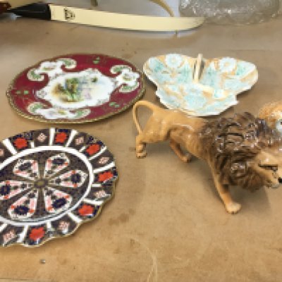 A Beswick lion and owl and other ceramics including crown Derby plate etc.