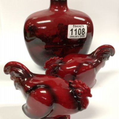 A pair of Royal Doulton Flamb&eacute; cockerels together with a Royal Doulton Flamb&eacute; vase with country scene (second quality). D