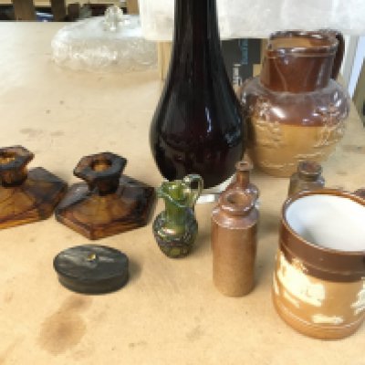 Some royal Doulton harvest wear along with glass items including candle stick holders.