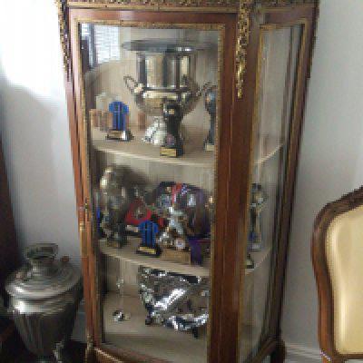 A French late 19th century display cabinet with a marble top and gilt metal mounts.