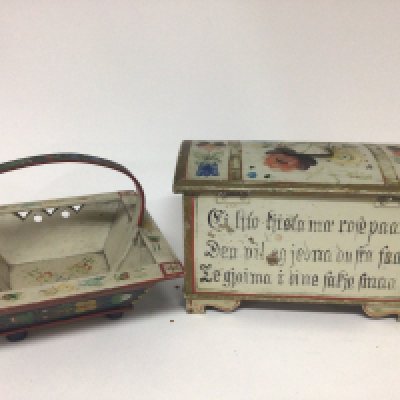 A Norwegian folk art painted wood late 19th century small casket 23cm wide with a matching basket. (2)