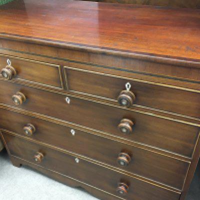 A Georgian mahogany chest of drawers fitted with two short and three Long drawers on bracket feet .