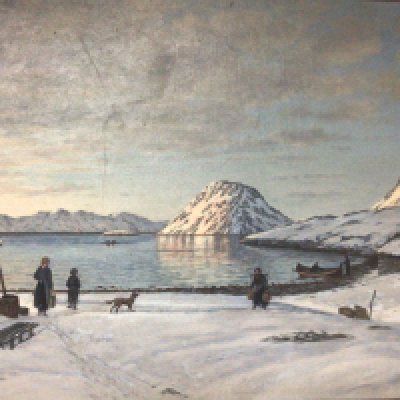 A framed oil painting on canvas a Rustic view of the Norwegian fiords with figures by a cottage signed Kalland 1920.