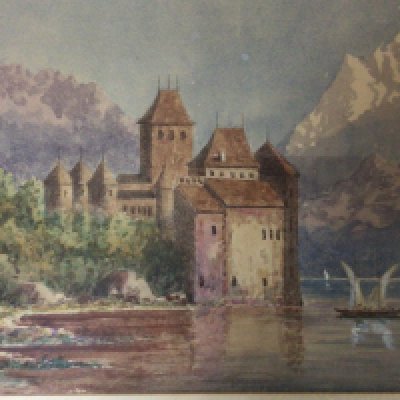 Three framed watercolours a continental view an early 19th century view of a British street scene and one other early 20th century watercolour. (3)