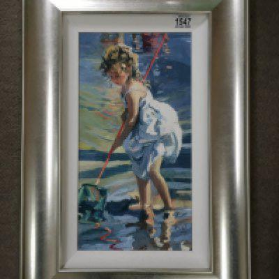 A silver framed limited edition 97/195 print depicting girl paddling with net, by Sheree Valentine Daines