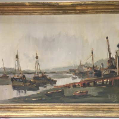 A framed Vic Ellis Leigh harbour oil on canvas painting , frame dimensions 89.5x64cm. This lot cannot be posted