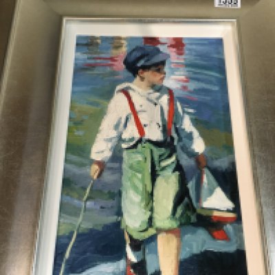 A silver framed limited edition print depicting a boy With model boat .by Sheree valentine Daines .together with two books on the artist.