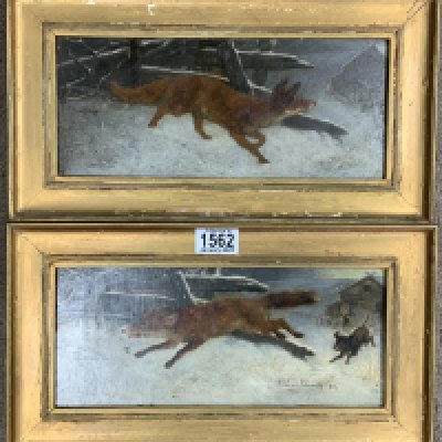 Anton Schmitz 1855-1935, 2 gilt framed oil on canvas paintings of Red foxes. 37.5cm x 21cm