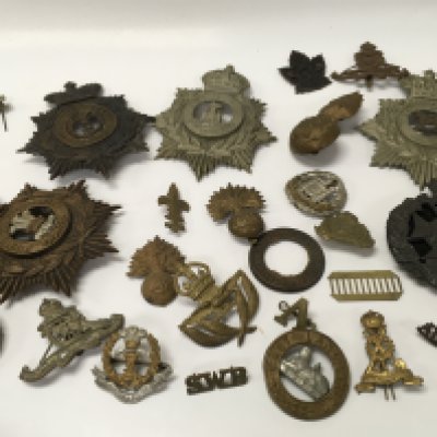 A collection of cap and lapel badges.