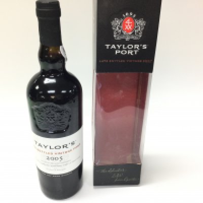 A 2005 bottle of Taylor&rsquo;s port. Sealed 750ml.