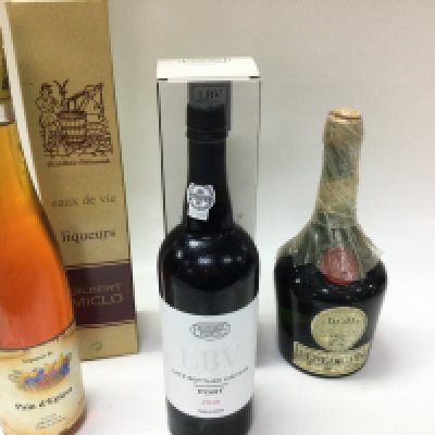 Three bottles of spirits including a bottle of port a Bilbert Miclo etc