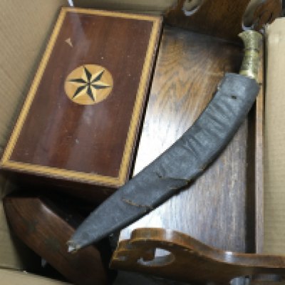 A collection of vintage items including a wooden box with inlaid design , a Kurki, boxed Viners dishes, a large silver plated cut glass claret jug