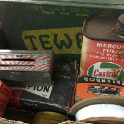 Vintage tewel tin and box, vintage spark plus and other items. Postage category B