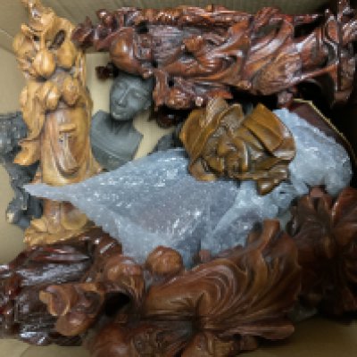 2 boxes of African and oriental carved figures, masks etc.