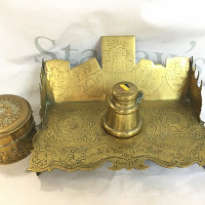 A trench art brass pen tray and ash tray box. Postage B