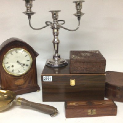 A collection of oddments an Edwardian style Mahogany mantel clock brass scoop leather collar box wooden boxes and a shoe cleaning kit.