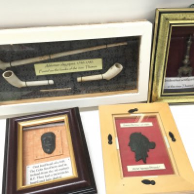 Cased collection of metal detector finds including Alderman Clay pipes dated 1740-1780. This lot can be posted without the cases, postage category B