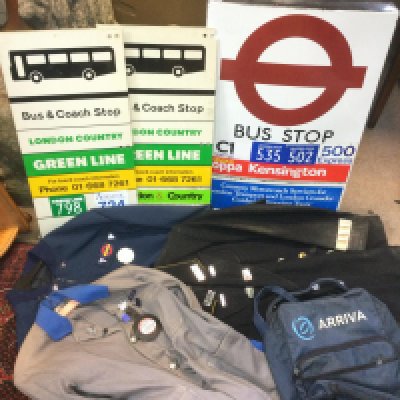 A London bus stop enamel sign plus two Green line stop signs and bus driver uniforms and badges. Shipping category D.