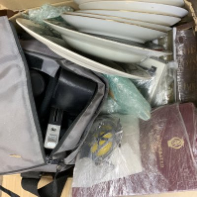 A box of mixed items, plates, cameras ephemera etc.