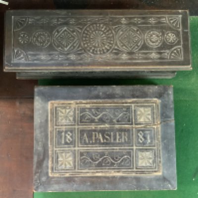 A collection of antique fine point chisels, 1 cased set dated 1887 A.Paliser 9 chisel set.