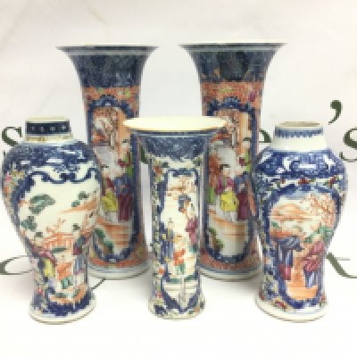 Five famille rose vases with handpainted decoration, tallest approx 19cm. Shipping category D.