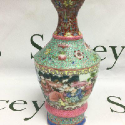 A Chinese famille rose republic vase with handpainted decoration of figures in a landscape setting, approx height 23.5cm. Shipping category D.