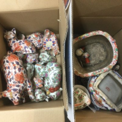 Two boxes of Oriental ceramics comprising mainly moden imari animals and plates. Shipping category D.