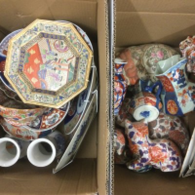 Two boxes of Oriental ceramics comprising mainly modern imari figures of animals, dishes etc. Shipping category D.