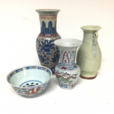 A collection of 20th century Chinese export ceramics three vases and a bowl (4) no reserve.