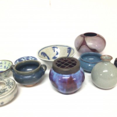 A Chinese export 19th century ink well and a collection of 20th century Chinese ceramic vases and porcelain dishes some with caricature marks no obvious damage and sold without reserve.