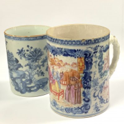 An 18th Century Chinese export blue and white porcelain mug with replacement wicker handle 12cm together with an 18th century export porcelain mug with hand painted court scenes 14cm. (Catagory D postage, both with condition issues). (2)