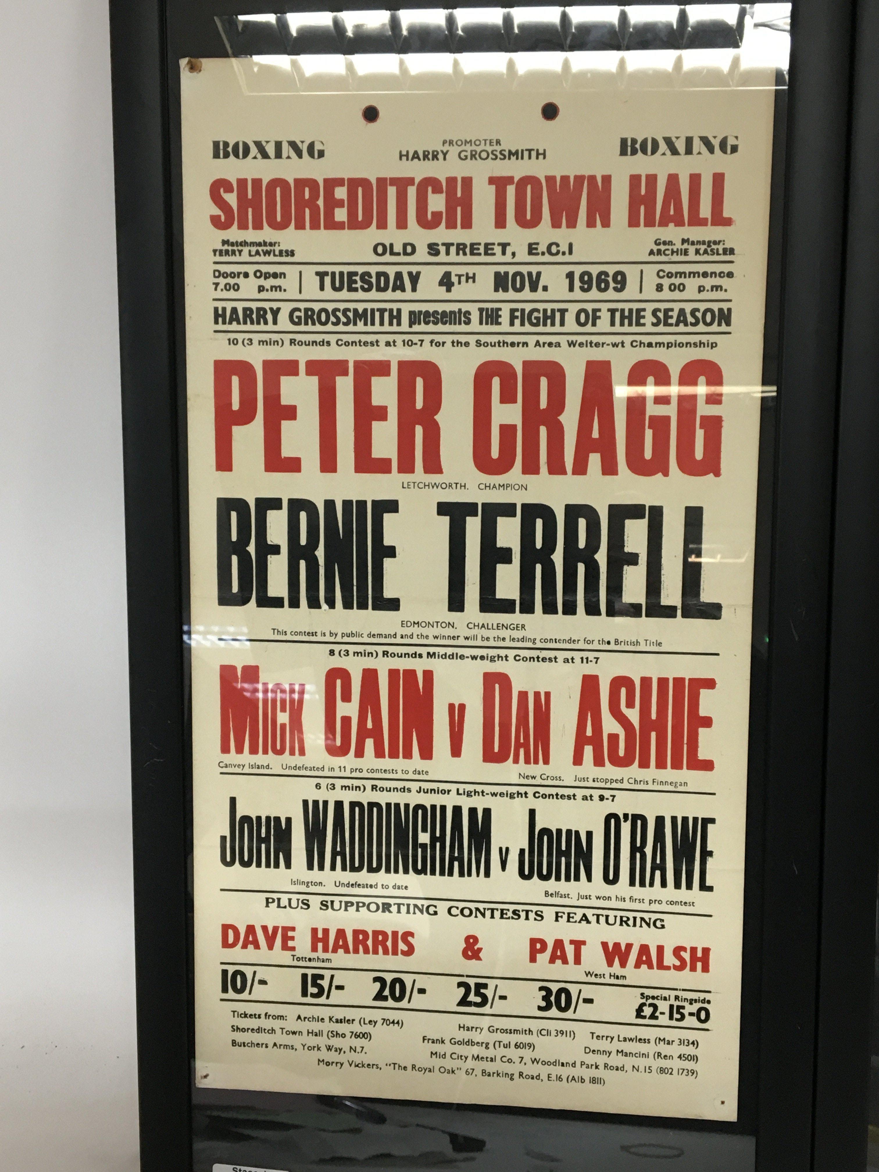 framed 1960s boxing promotion posters held at the Royal Albert Hall and Shoreditch Town Hall. 