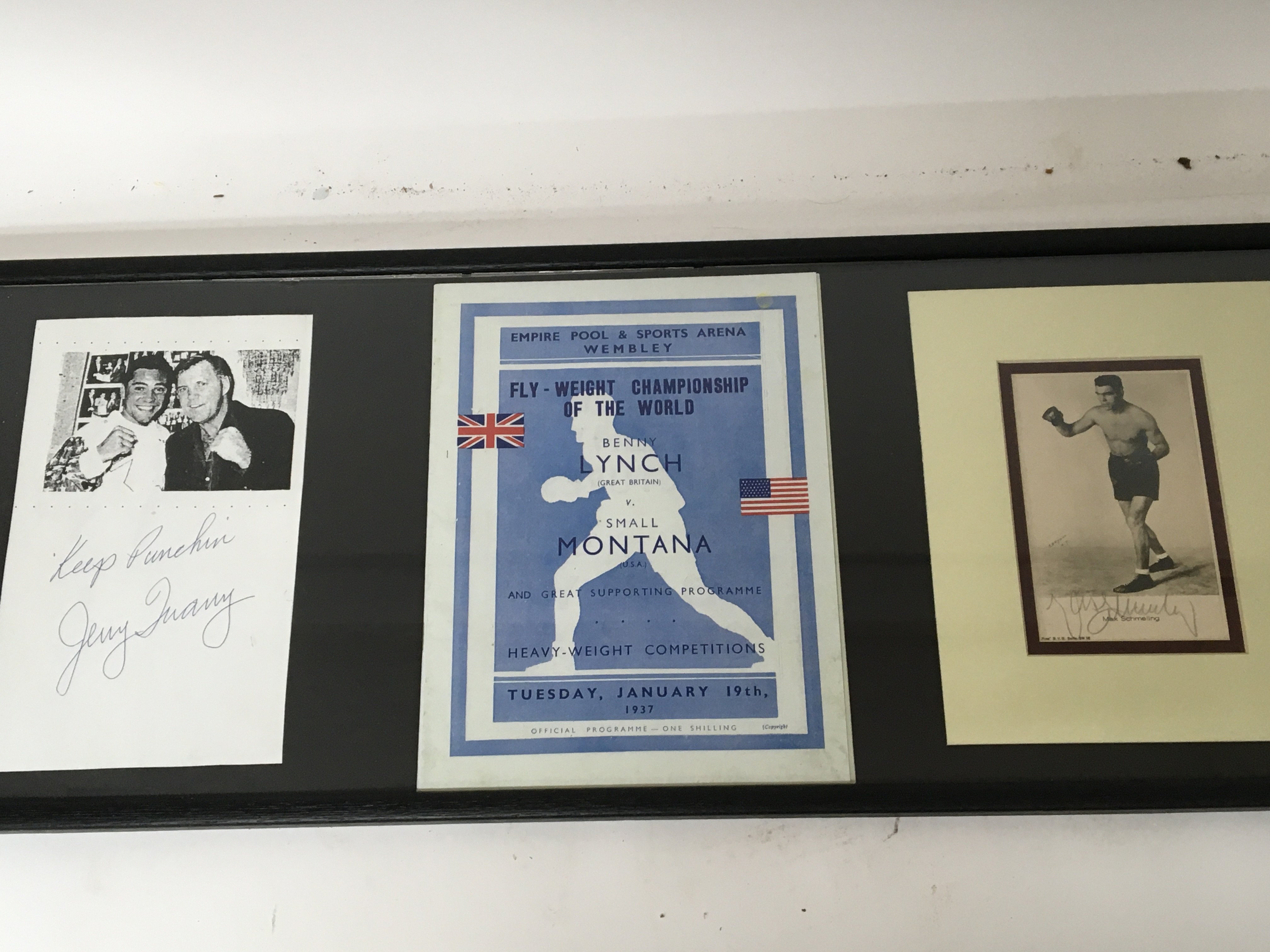 A framed boxing Montage including a signature of the American boxer Jerry Quarry 1945-1999 a 1937/boxing program and a signed card in pencil Max Schmeling. 