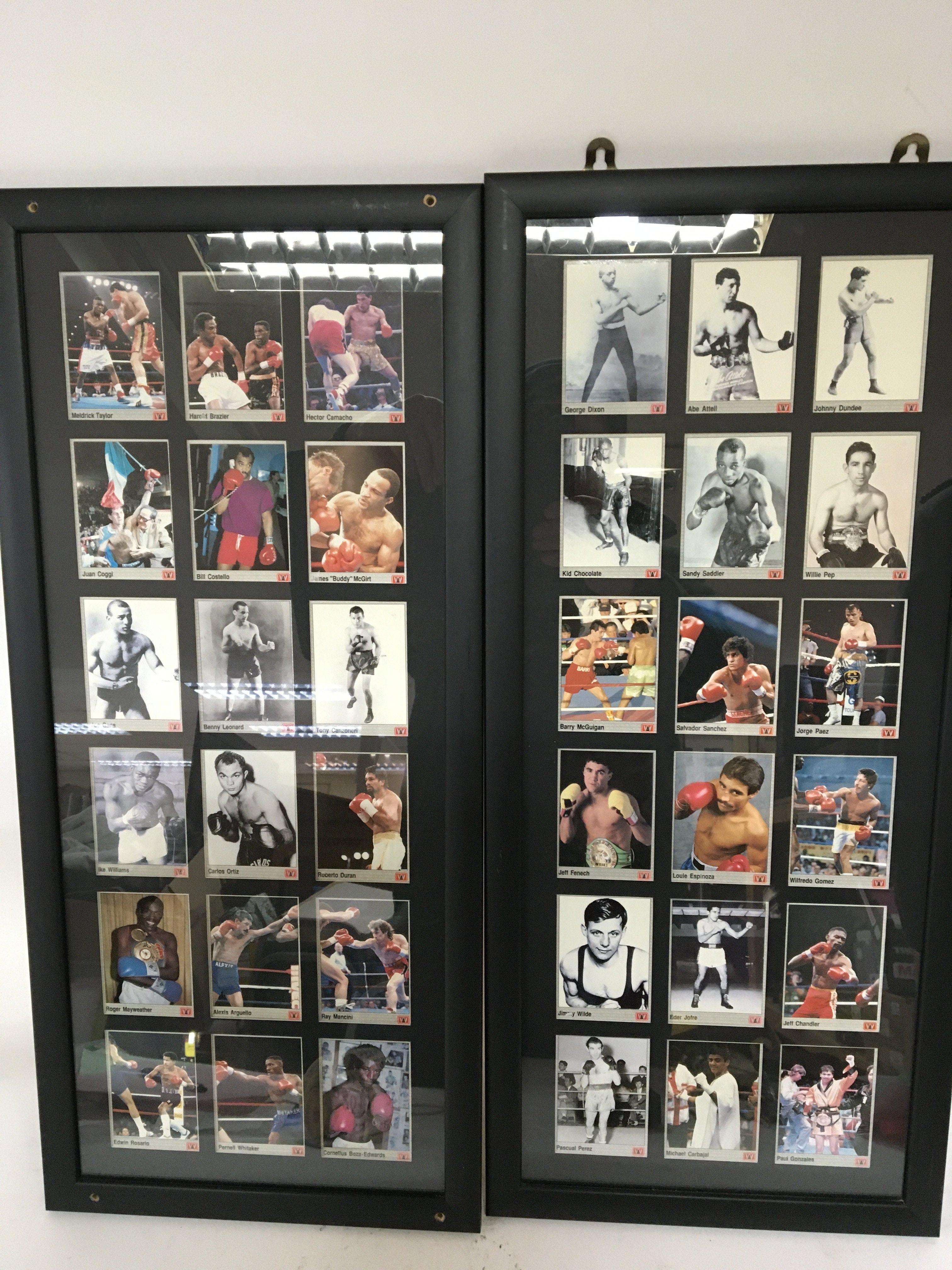 Two frames containing named colour boxing cards. (2) 