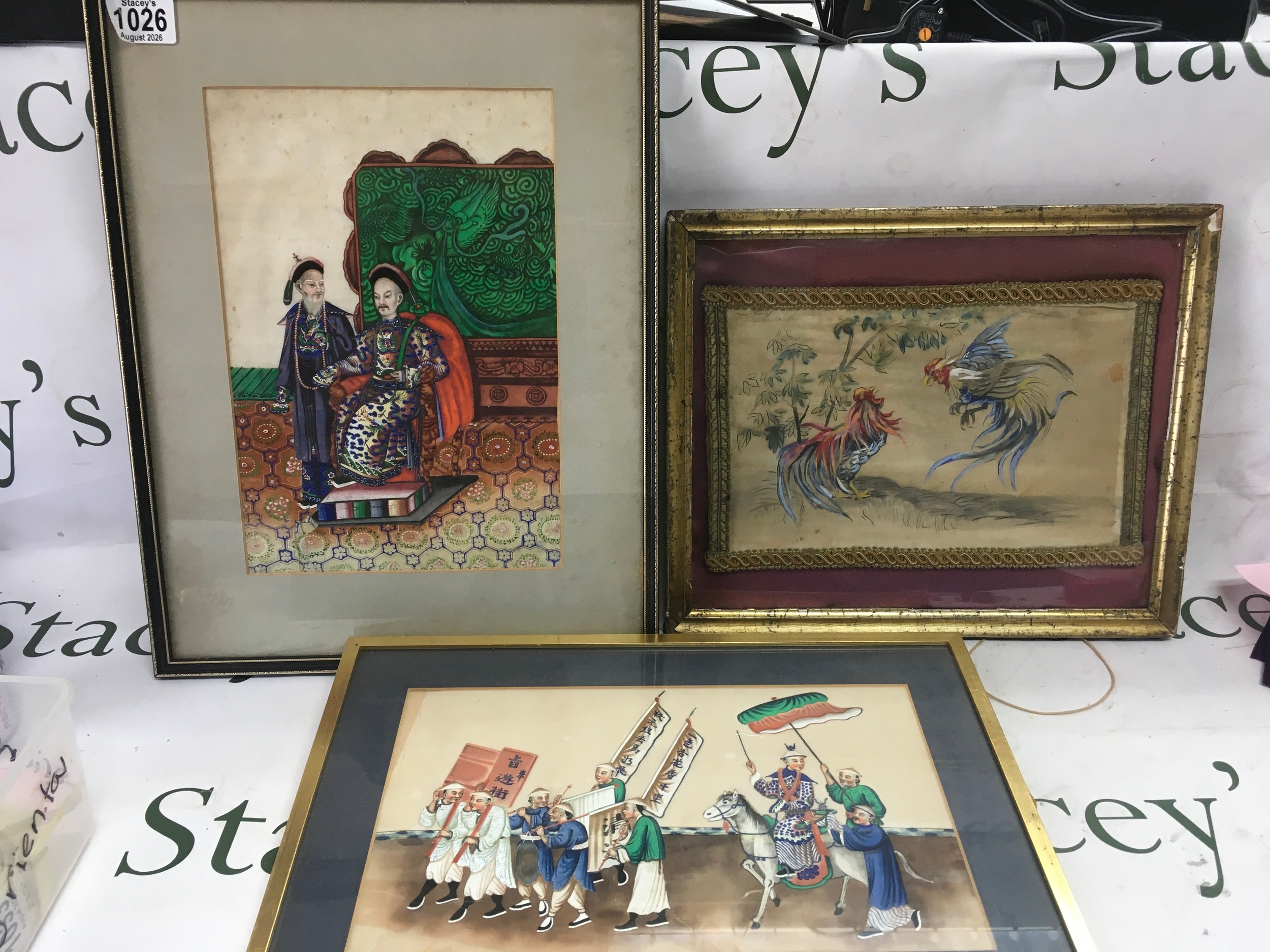 Three framed and glazed Chinese pictures one embroidered and painted on silk.