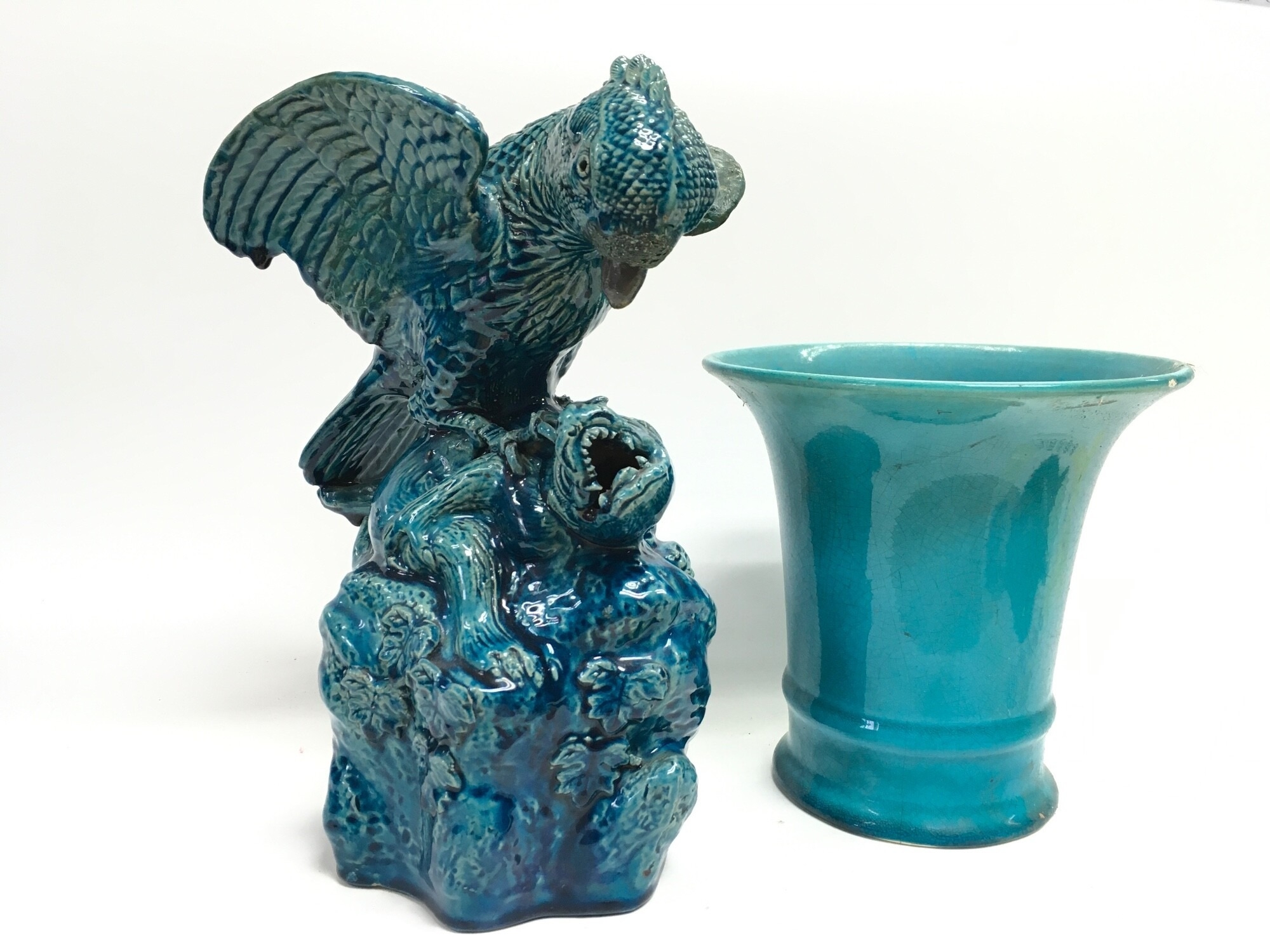 Chinese turquoise eagle perched on a dragon ornament and a vase. 17 and 27cm tall