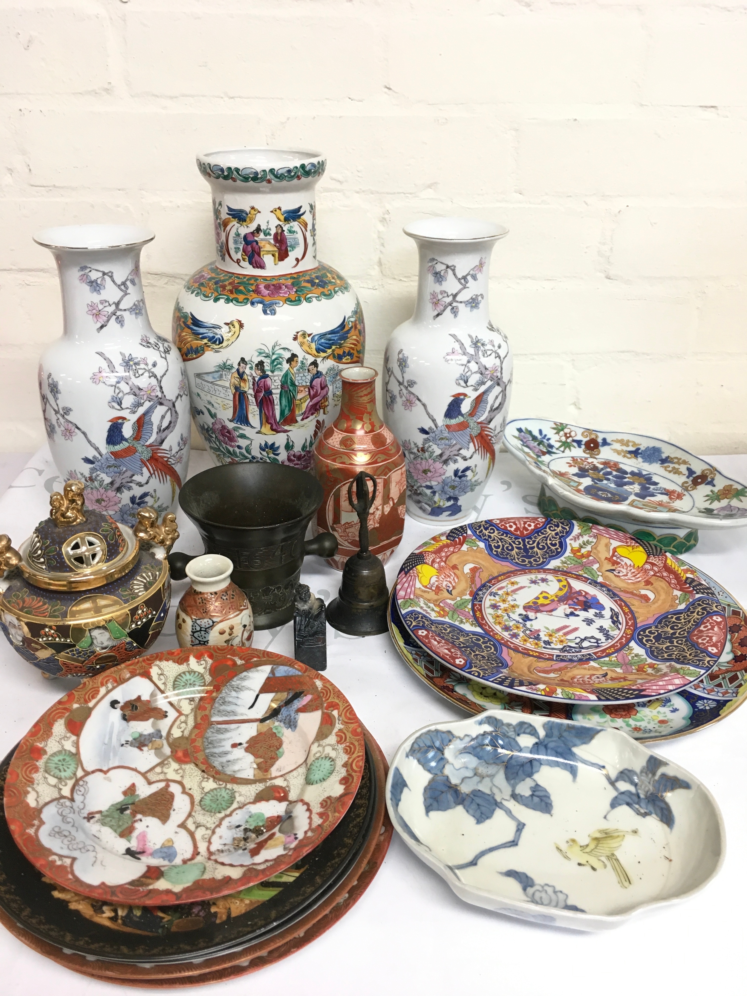 A collection of oriental ceramics including dishes, vases, bronze items . No reserve 