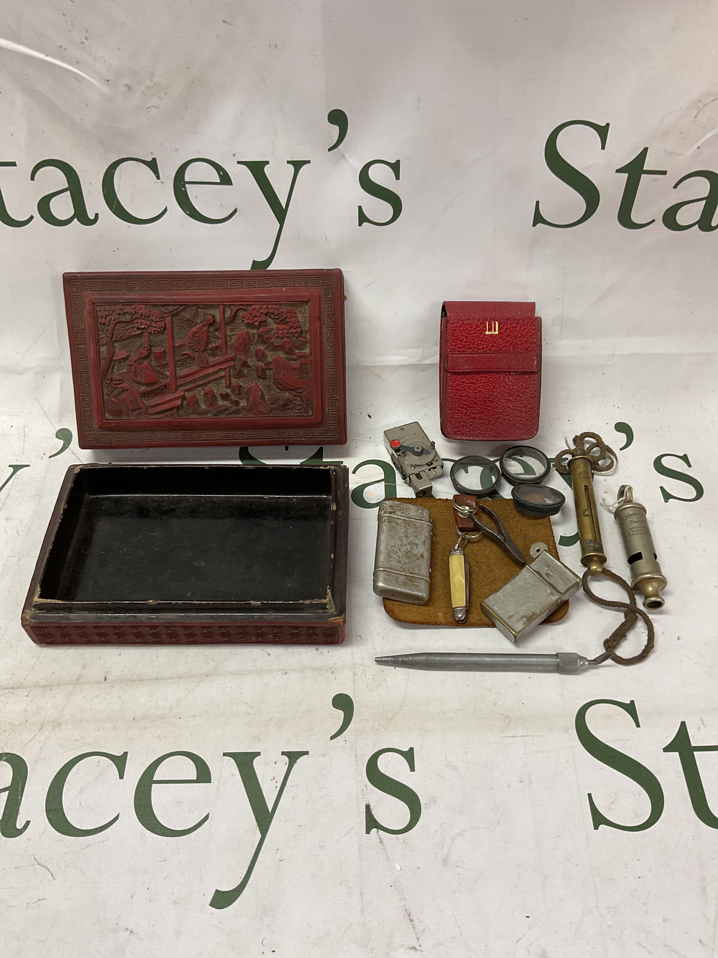 Chinese red cinnabar lacquer box with contents to inc Dunhill red leather pouch, and oddments.