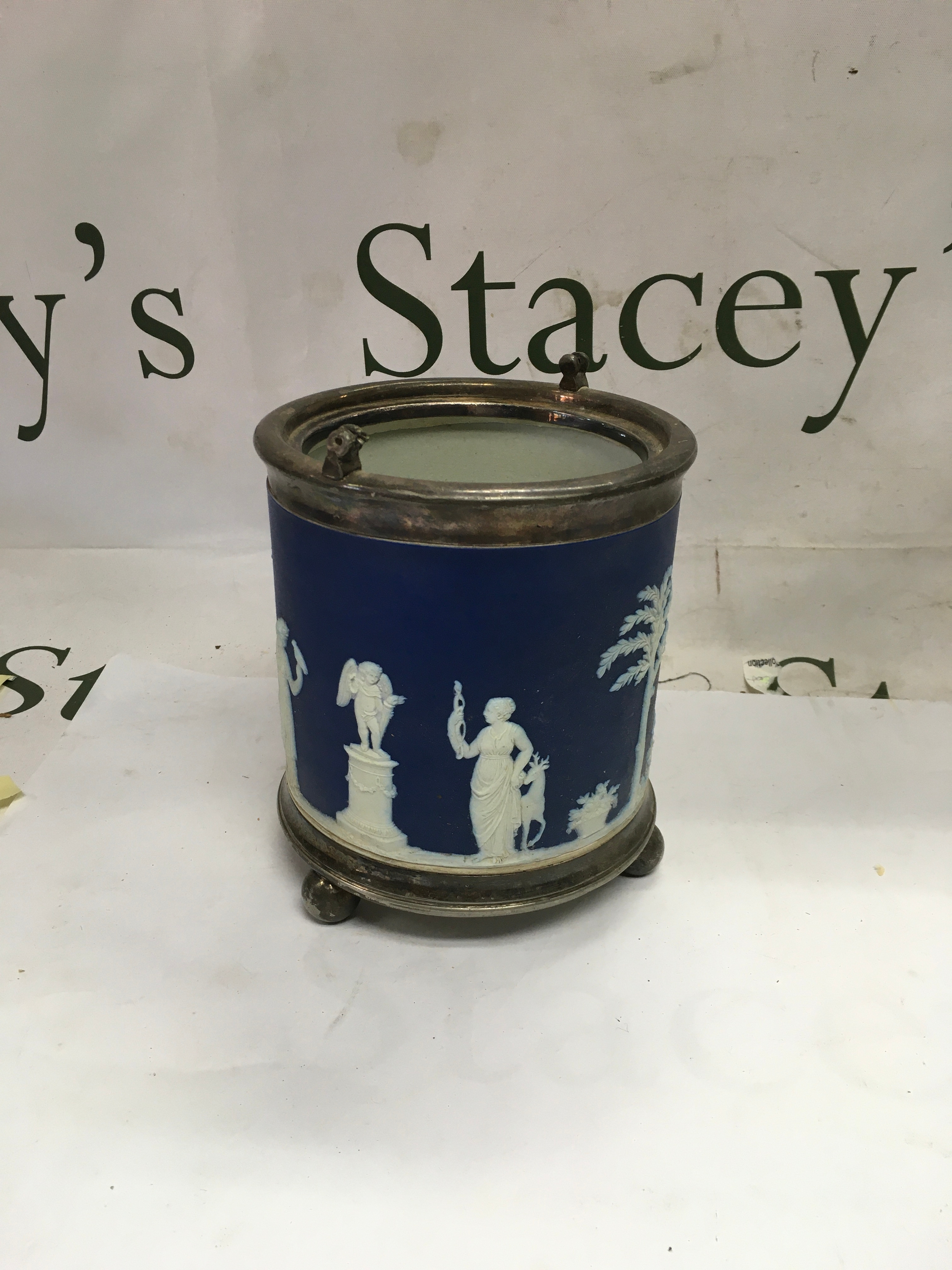 Two Antique blue Jasperware Biscuit Barrel.
