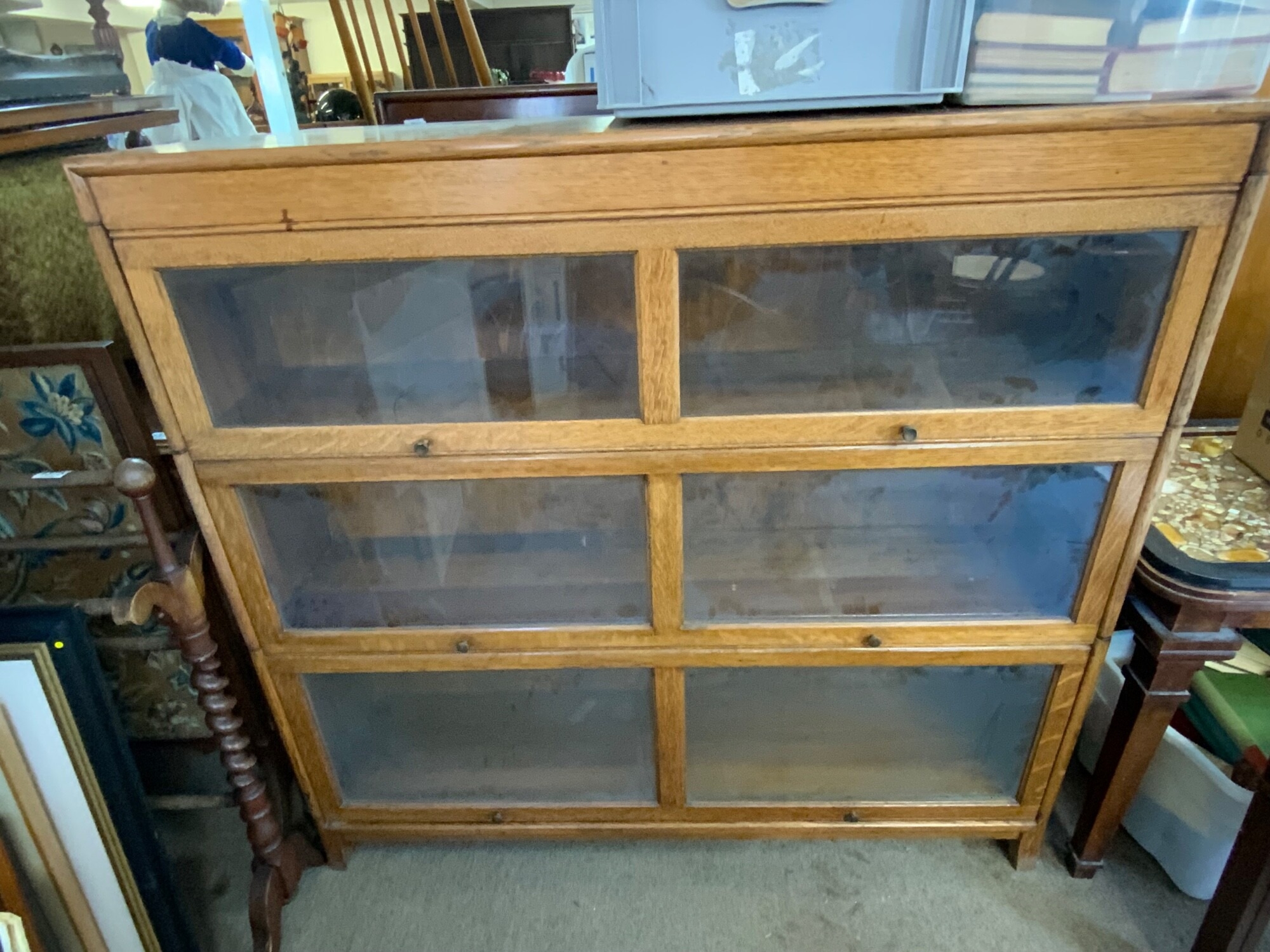 A pair of 1930s oak barrister bookcases with three stackable sections and sliding glass doors. TO BE SOLD WITHOUT RESERVE