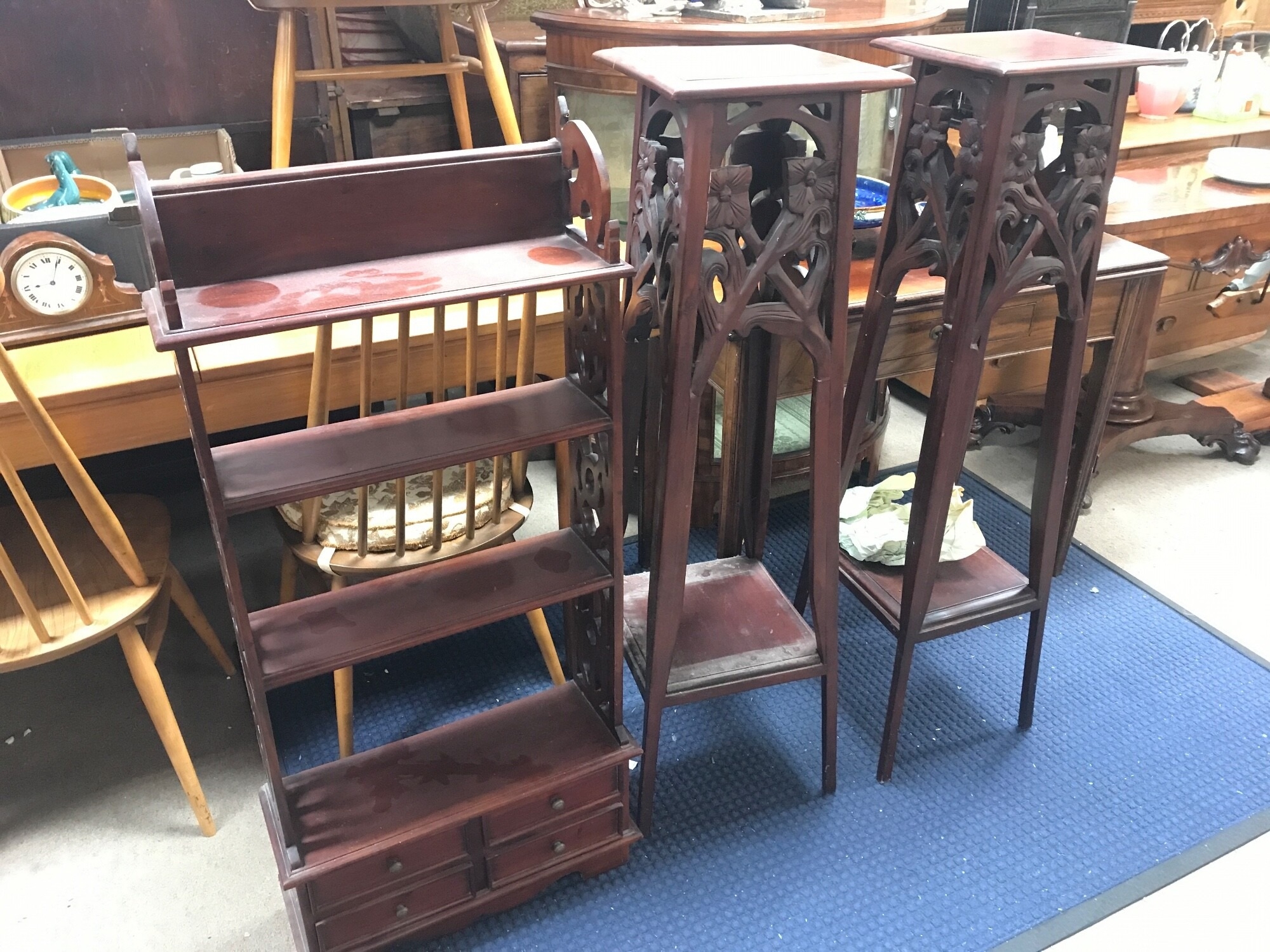 Reproduction open bookcase, pedestal plant stands with carved floral design. 115cm tall 30cm wide. Three tier hanging shelves TO BE SOLD WITHOUT RESERVE