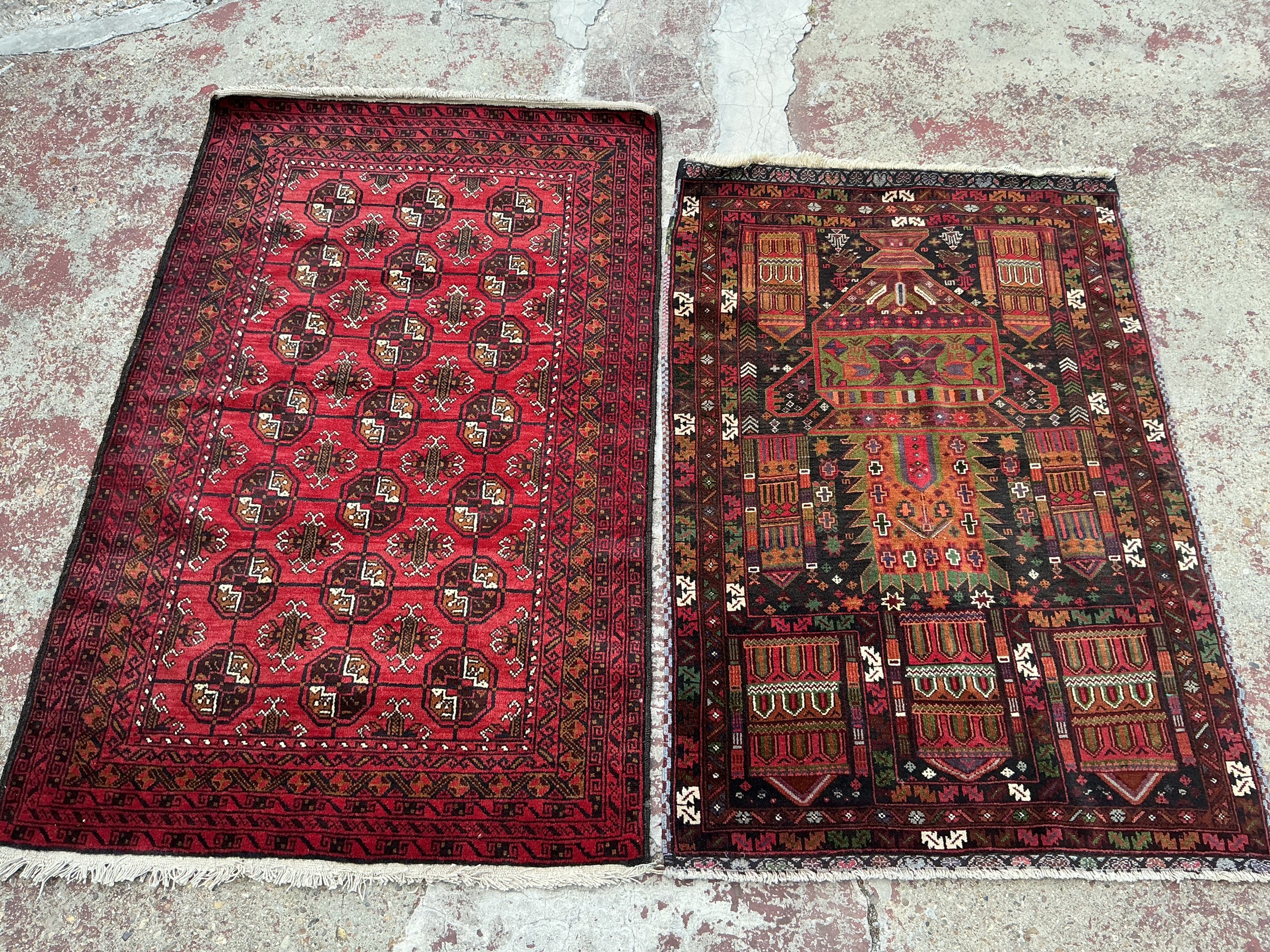 Two hand knotted rugs, approx 90cm x 140cm and 80cm x 125cm.